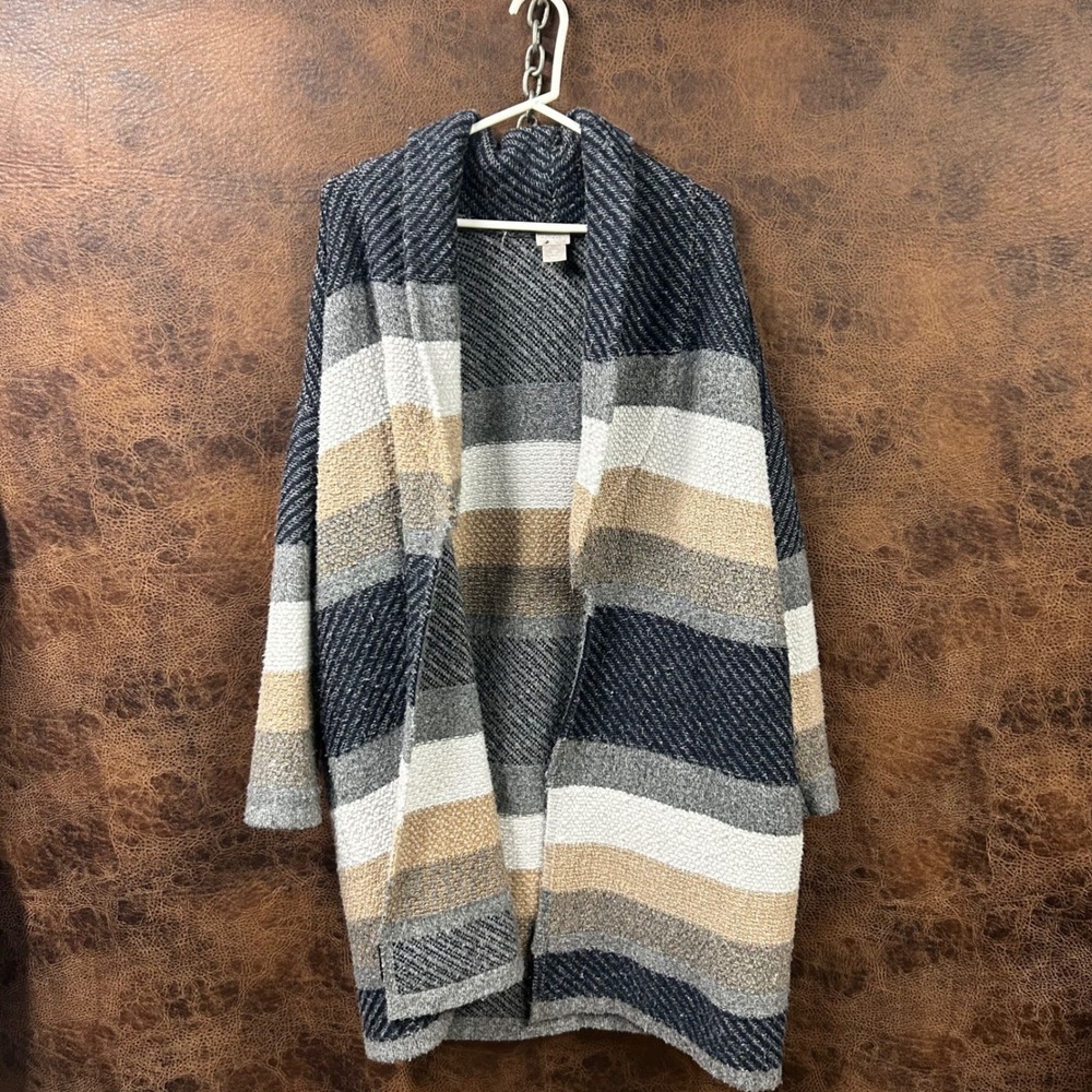 Chico's 2P or Large Open Wool Blend Cardigan Color Blocking Wide Stripes
